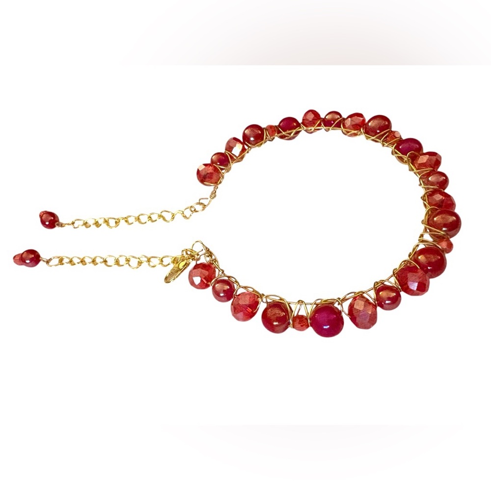 Austrian Crystal Beaded Handwired Bangle Bracelet with Extender Chains in Reds - Picture 3 of 4